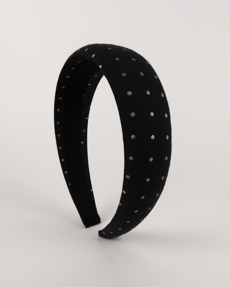 Serre tête à pois noir et argent fait main dans notre atelier