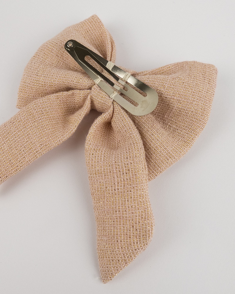 Barrette à clipser à noeud en lin pailleté pour enfant fait main par Atelier Araçari