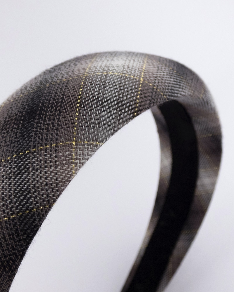 Serre-tête en tartan et fils brillants or fait main par Atelier Araçari