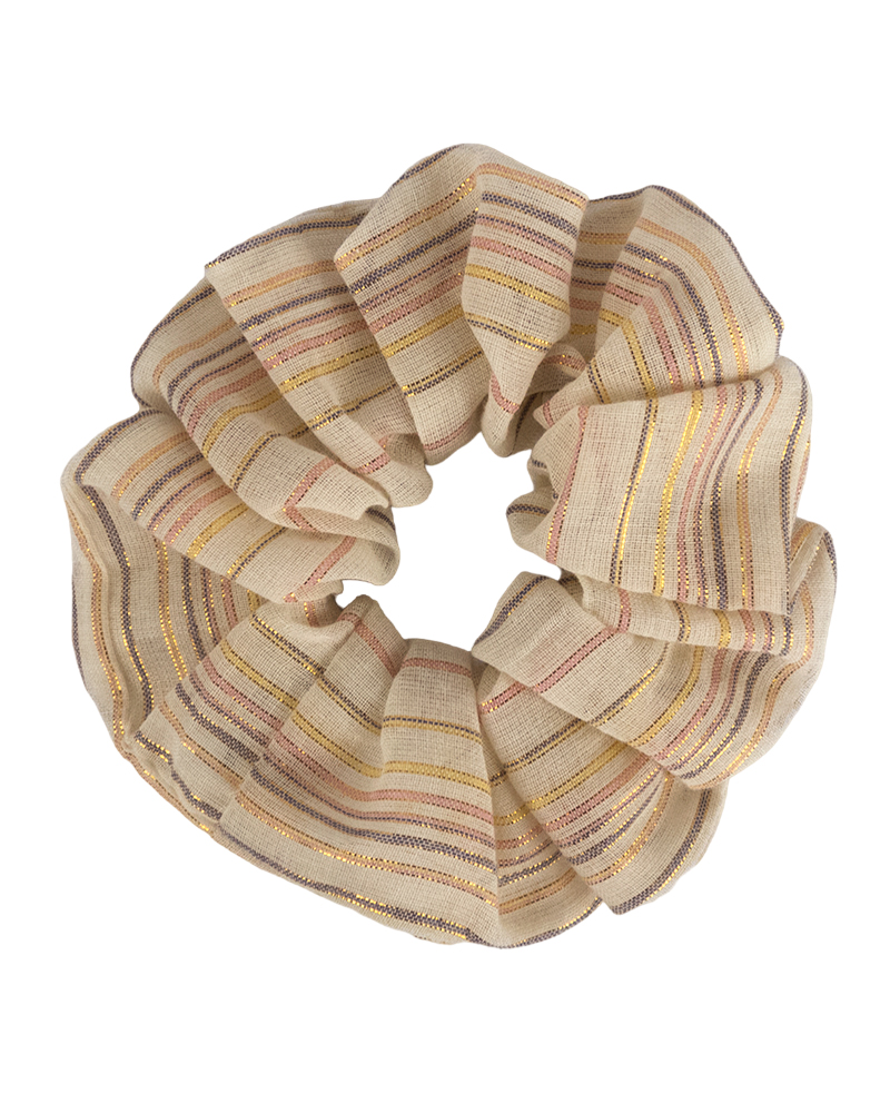 Chouchou à rayures pastel et fils or en coton fait main.